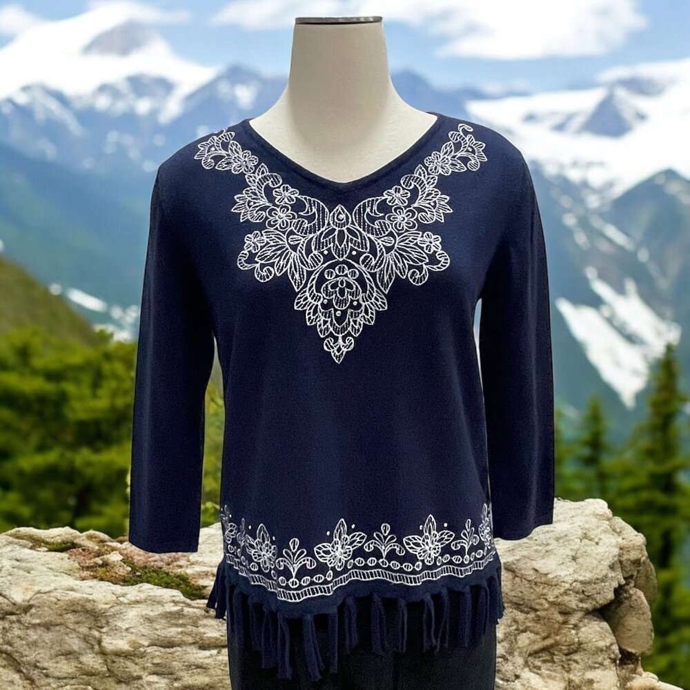 Alfred Dunner Petite Small Top‎ Floral Embroidery Fringe Hem Boho Festival Chic